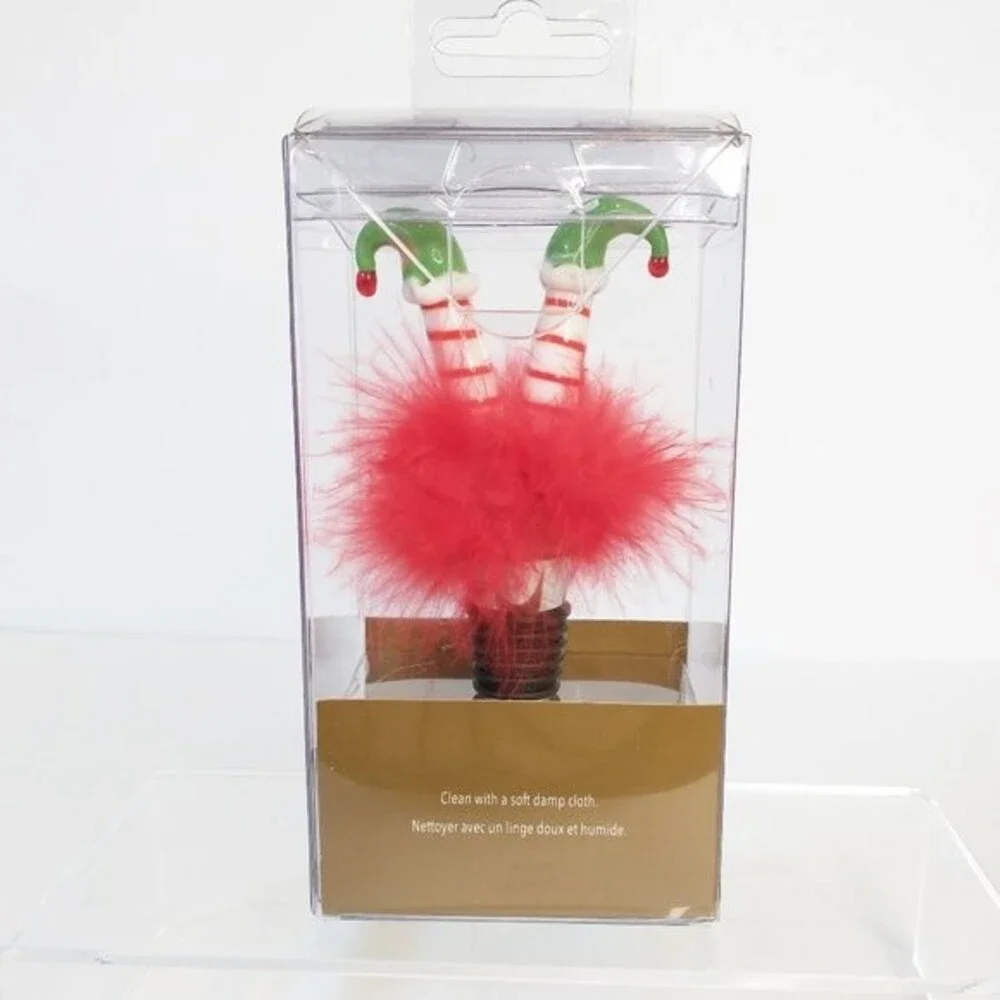 Pier 1 Imports Holiday Tipsy Upside-Down Elf Bottle Stopper Feather Skirt NIB
